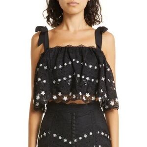 Saloni Black Jemi Tie Strap Silk Blend Top Lace Ruffle Crop Womens Size 8 Floral